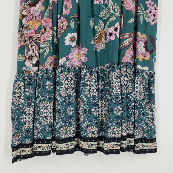 3/$25 Maurices Floral V Neck Dress M Flounce Hem Faux Wrap A Line Teal - Picture 7 of 9